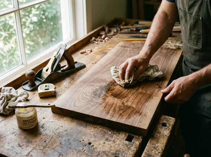 Solid walnut tabletop being conditioned with natural beeswax oil finish, linen cloth, and hand plane on a sunlit workbench