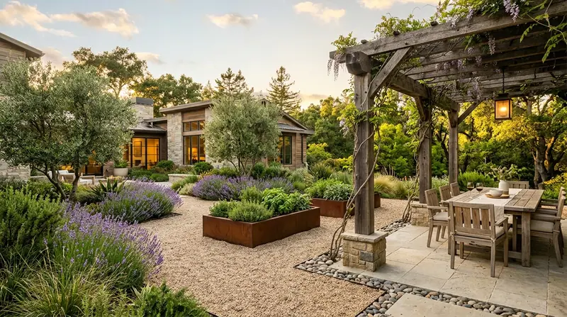 Stone home exterior and landscaped backyard garden pathways at dusk in autumn