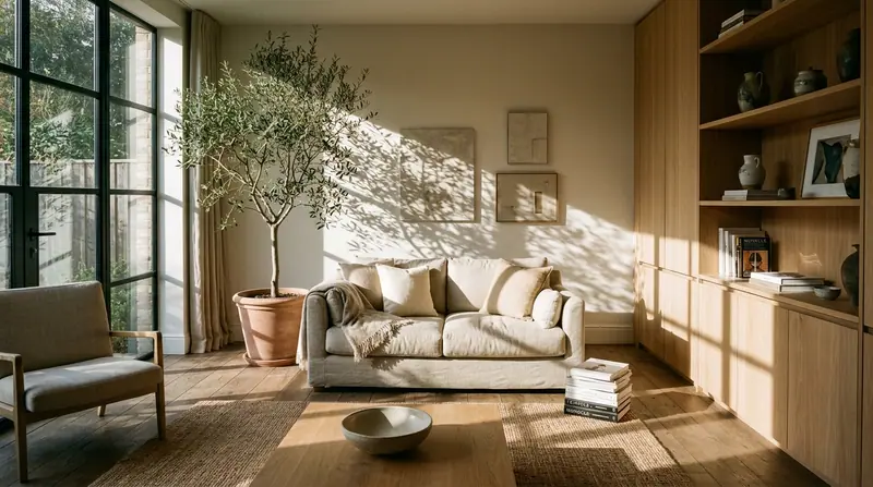 Floor-to-ceiling drapery framing a steel-casement living room window with natural oak furniture