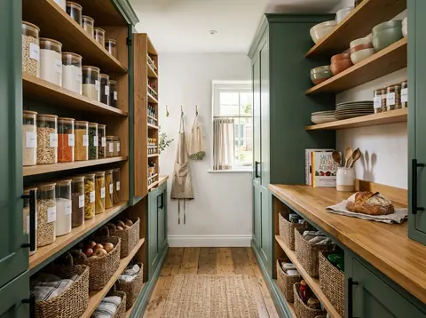 Organized walk-in kitchen pantry with muted forest green cabinetry, solid oak butcher block countertop, glass jars, and woven baskets