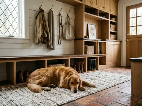 Golden retriever resting on a textured woven wool rug in a mudroom with custom built-in oak storage bench and terracotta floor tiles